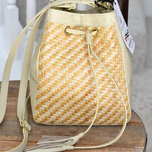 NEW! Divina Firenze Crossbody Bucket Bag Woven Straw Leather